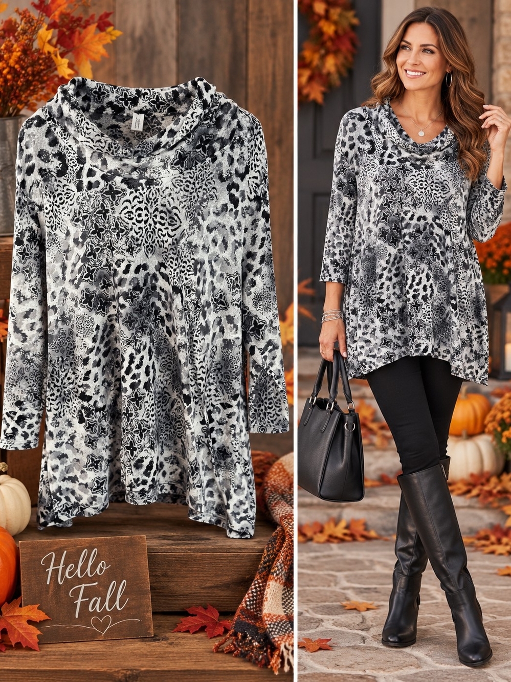 Ruby Rd. Black & White Animal Print Cowl Neck Sweater